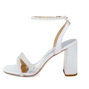 XYD Women's Pearl Strappy Bridal Open Toe Sandals Block High Heels Ankle Strap D